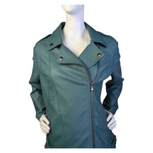 Cleo Hunter Green Vegan Leather Moto Jacket Asymmetrical Zip Biker | Medium